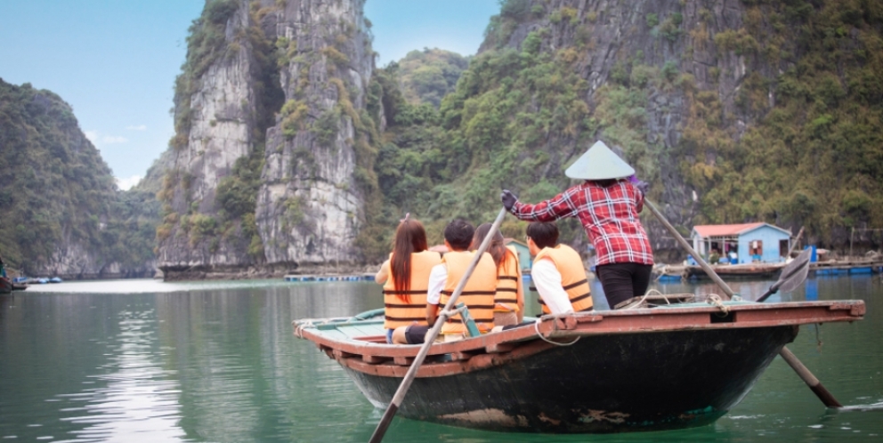 Rowing boat on bay