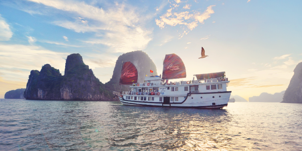 Renea cruise boat through Bai Tu Long Bay 