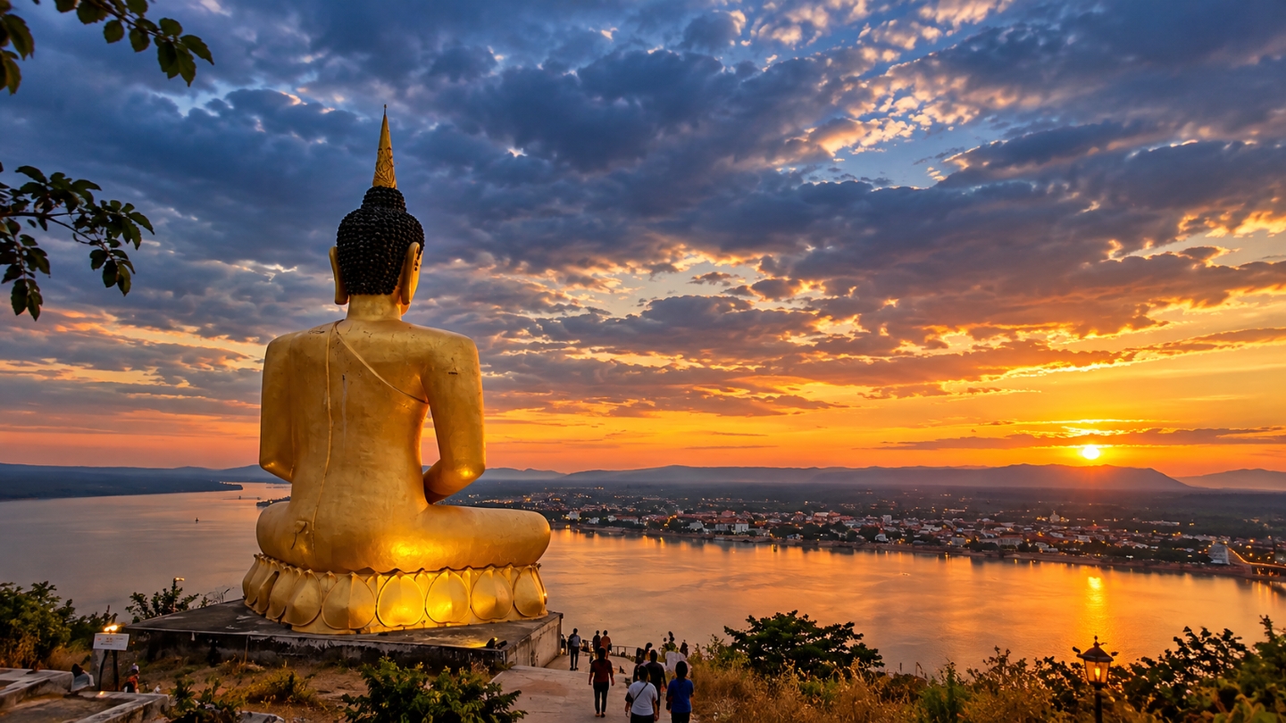 Pakse in the colors of sunset, viewed from Wat Phou Salao
