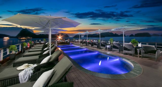 Outdoor swimming pool in night