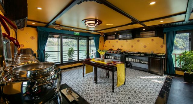 Savor a variety of bufet meal on boat