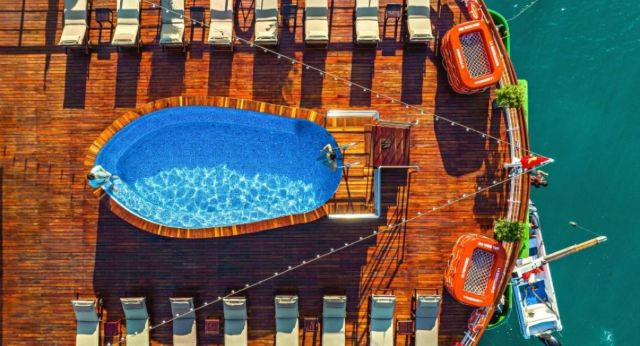 Relaxing swimming pool on sundeck