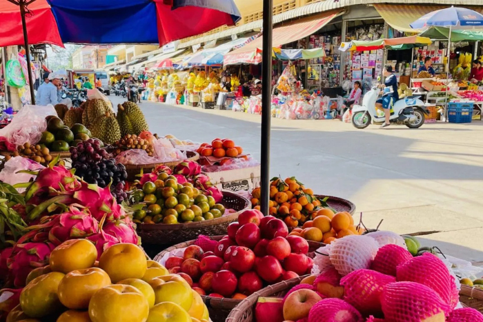 You can buy tropical fruits in local markets in Kratie, Cambodia