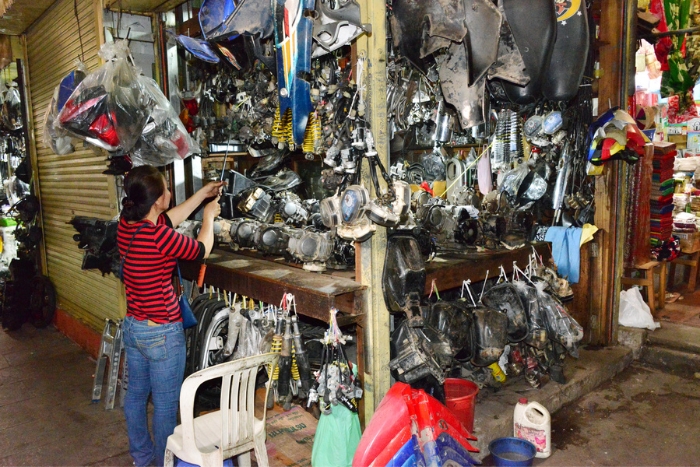 Motorbike parts stalls, an unique item sold in Russian Market Phnom Penh