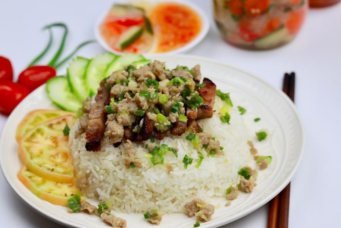 Pork rice (Bai sach chrouk), a well-known dish in Sihanoukville