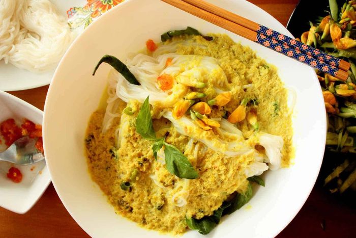 Curry noodle soup (Nom banh chok), one of the specialty in Sihanoukville