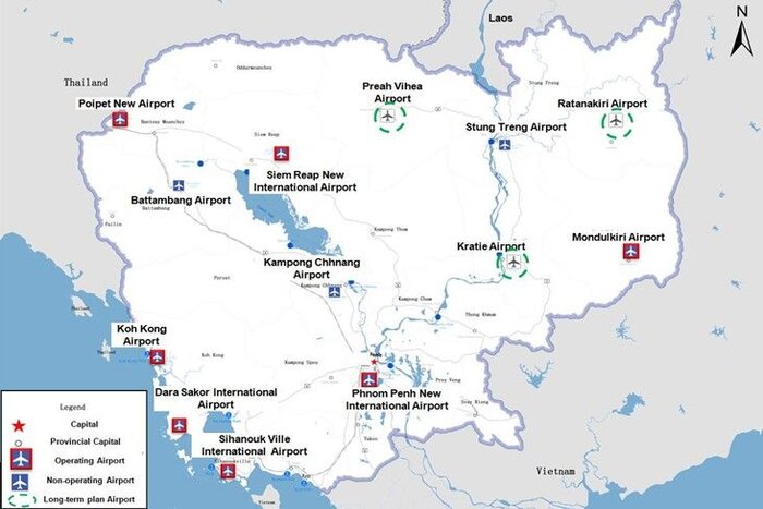 Cambodia airport map with dense airport system