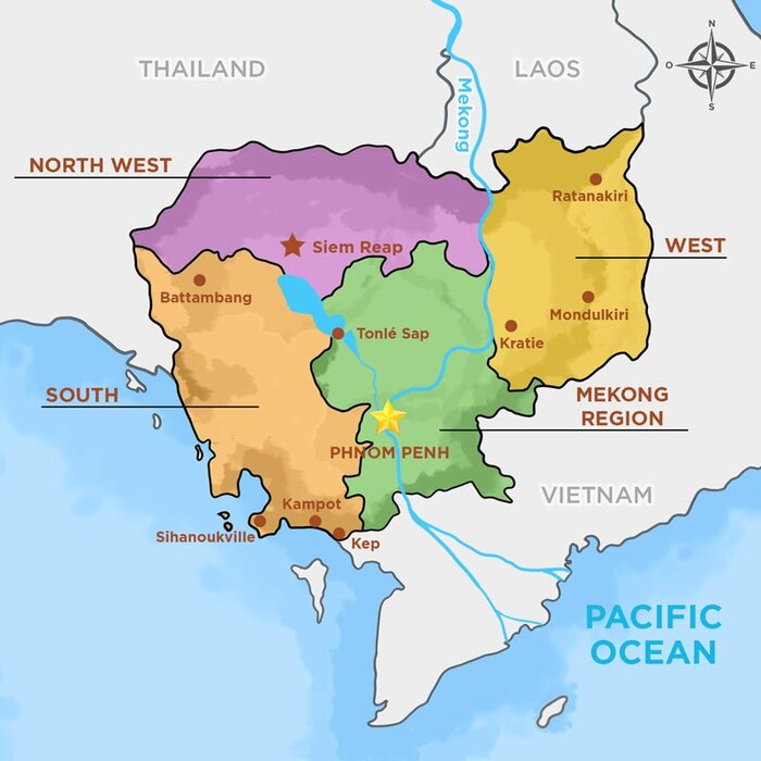 Map of Cambodia with 4 distinct regions