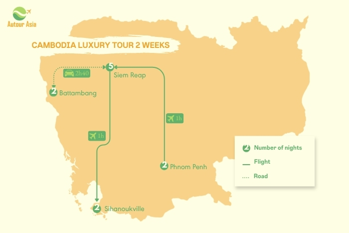 2-week Cambodia itinerary covering Siem Reap, Battambang, Phnom Penh and Sihanoukville