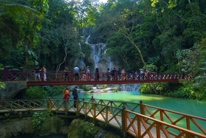 Turquoise waters of Kuang Si Waterfall in Northern Laos