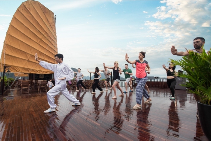 Taichi lessons on board in the morning