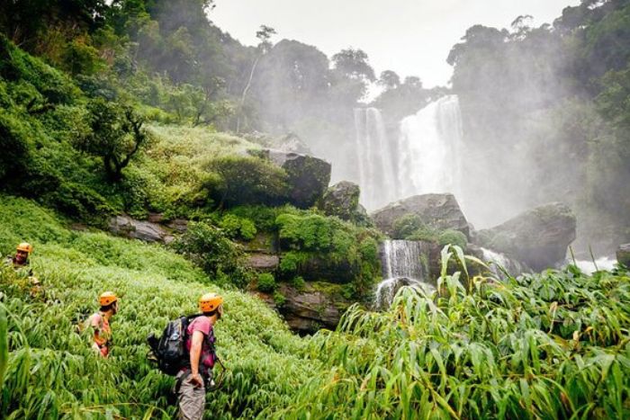 Tad Fane, with its two dizzying waterfalls plunging into the jungle