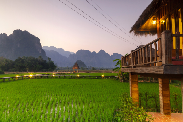 Hotel with views of the rice paddies and mountains of Vang Vieng, Laos
