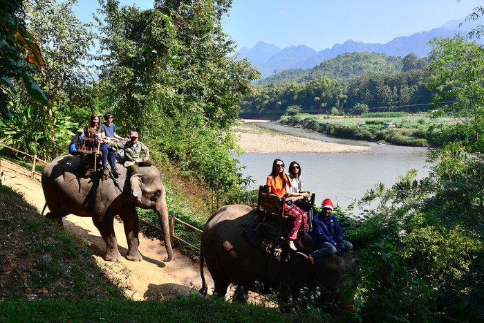 Tourists experiencing elephant riding at the Elephant village in Luang Prabang