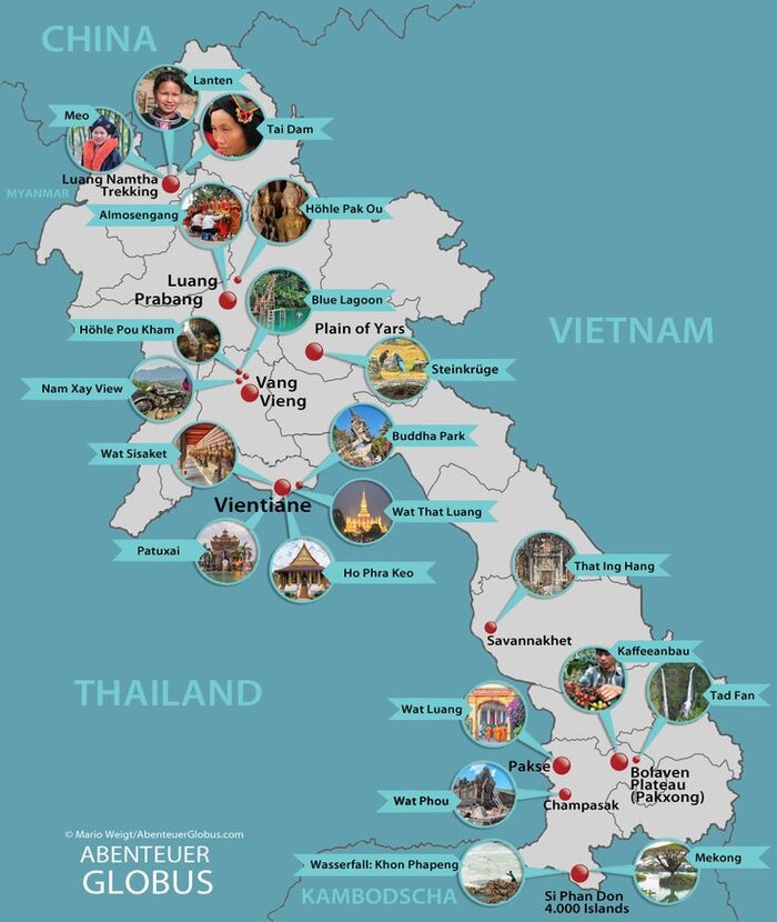 Laos travel map with top best destinations for your visit