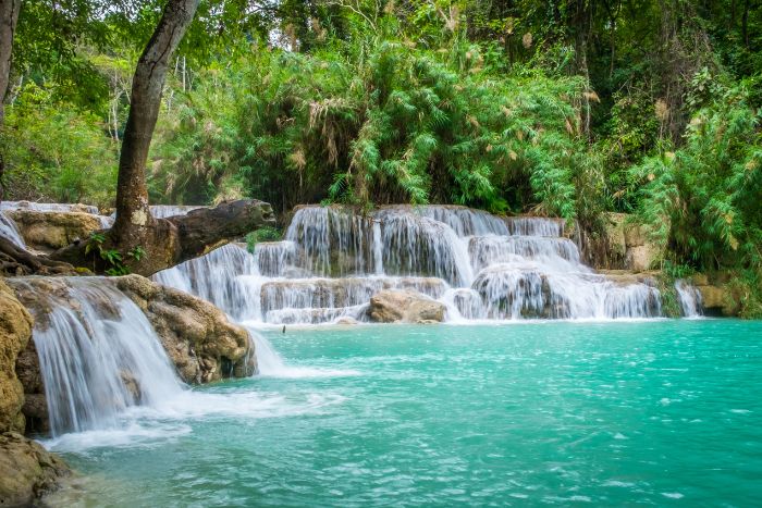 Don't miss the Kuang Si Falls in Luang Prabang — an absolute must-see during your trip to Laos in February