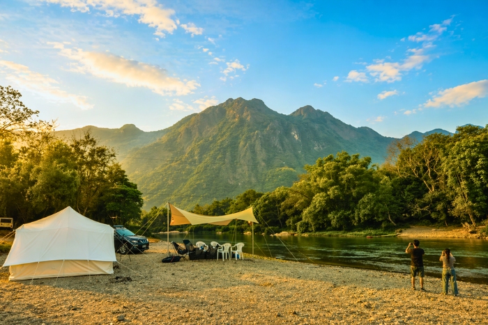 Moment of relaxation on the banks of the Nam Song River in Vang Vieng Laos
