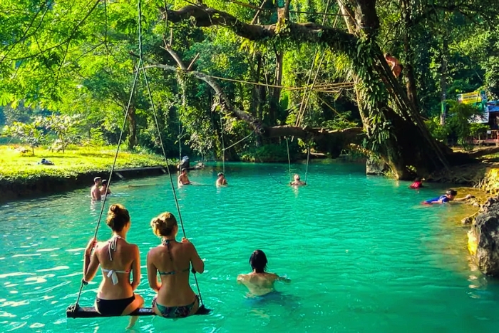 Blue Lagoon in Vang Vieng, cooling off during a budget trip to Laos