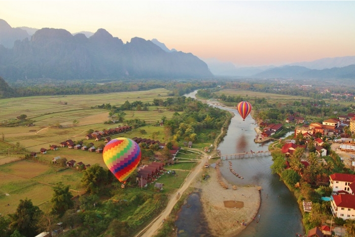 Panoramic view of Vang Vieng by hot air balloon