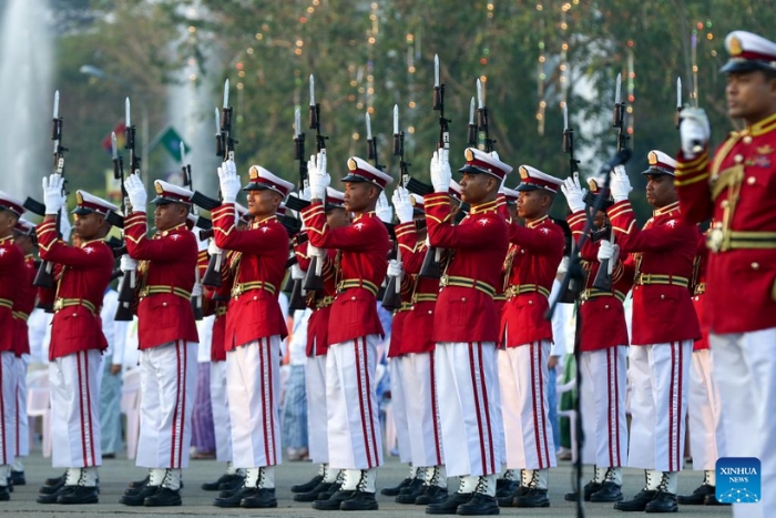 Honor guards attend a ceremony to mark the 77th anniversary of Myanmar's Union Day in Nay Pyi Taw, Myanmar on February 12, 2024