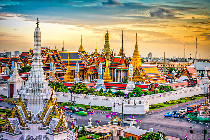 View of the Grand Palace in Bangkok with its golden rooftops