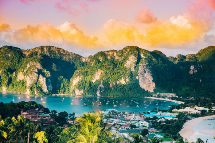 Sunset clouds glow above Koh Phi Phi islands