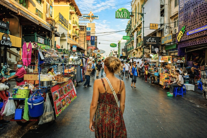 Vibrant atmosphere on Khao San Road in Bangkok