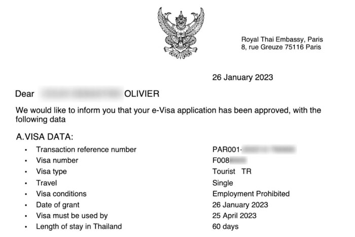 Thailand visa via a Thai Embassy or Consulate