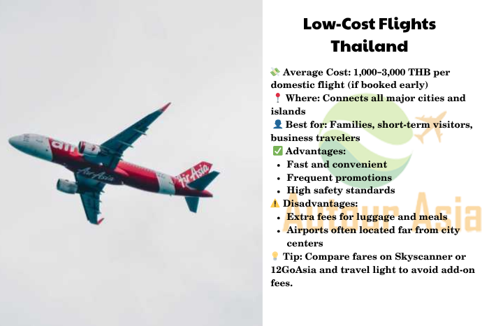 Thai low-cost domestic airplane at airport, fast travel across Thailand on a budget