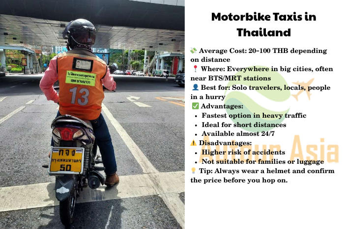 Motorbike taxi in Thailand city street, fast and cheap transport for solo travelers
