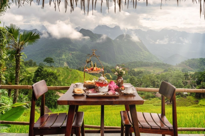 Refined lunch at the lodge with panoramic views over the rice terraces