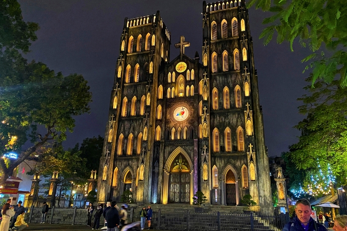 St. Joseph's Cathedral illuminated beautifully at night in Hanoi