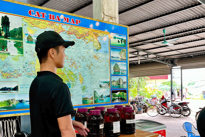 Tour guide gives tourists an overview of Cat Ba