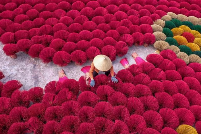 Colorful incense drying in Quang Phu Cau