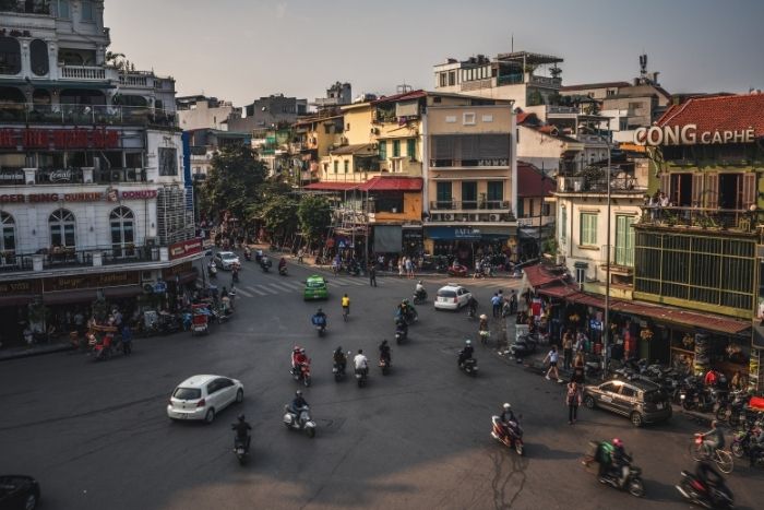 The unique flow of traffic in Hanoi, capturing the essence of everyday Vietnam