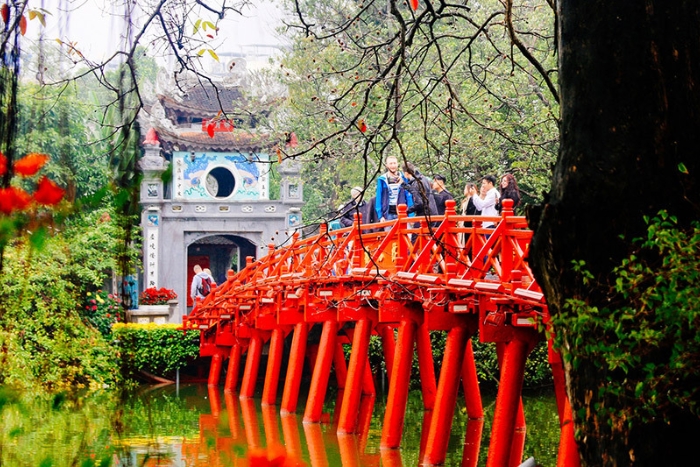 The shining splendor of The Huc Bridge on Hoan Kiem Lake