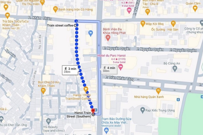 Map of Hanoi train street from Le Duan street to Kham Thien street