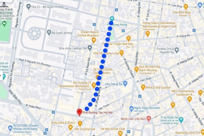 Map of Hanoi train street in Phung Hung street