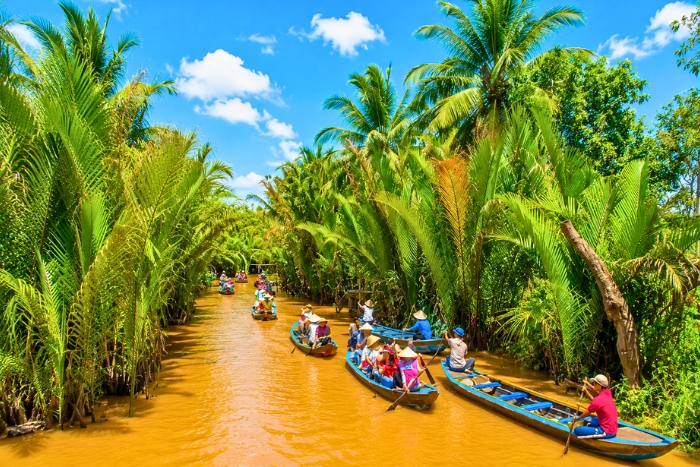 Travel through the shaded canals of the Mekong Delta