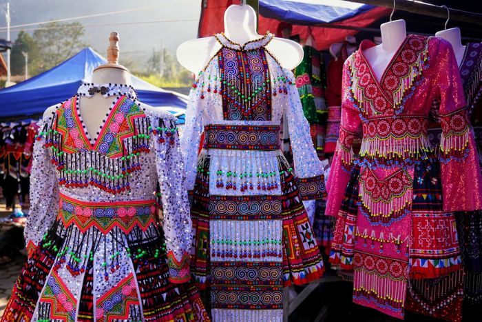 Traditional clothing stall at the Y Ty market