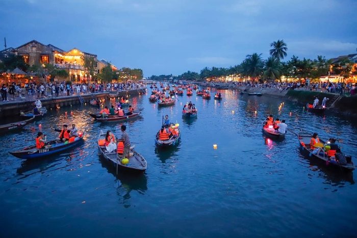 Romantic lantern release on the Hoai River during our trip