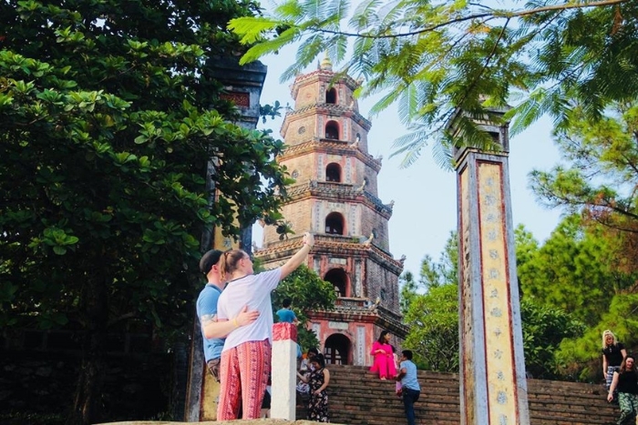 Peaceful scenery at Thien Mu Pagoda overlooking the Perfume River