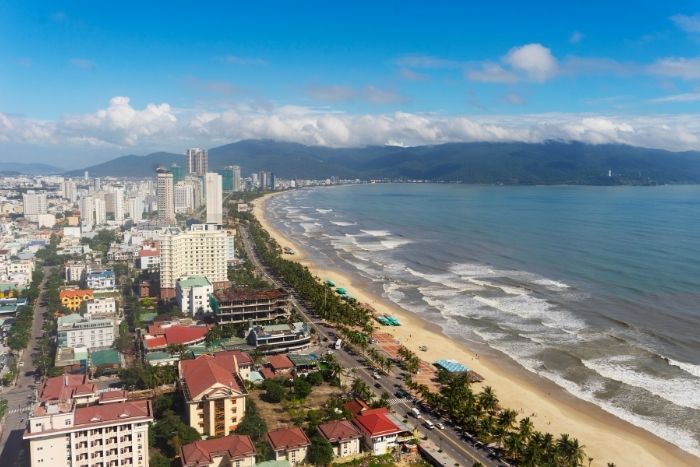 My Khe Beach in Da Nang has white sand and turquoise water