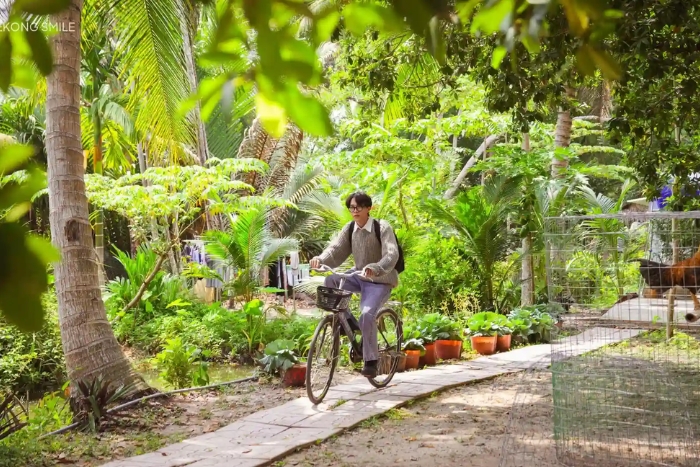 Cycling in the shade of coconut trees in the Mekong Delta