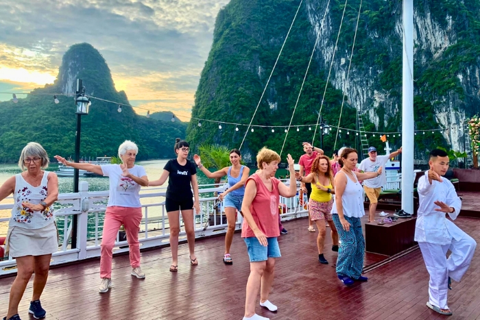 Morning Tai Chi session on the sundeck