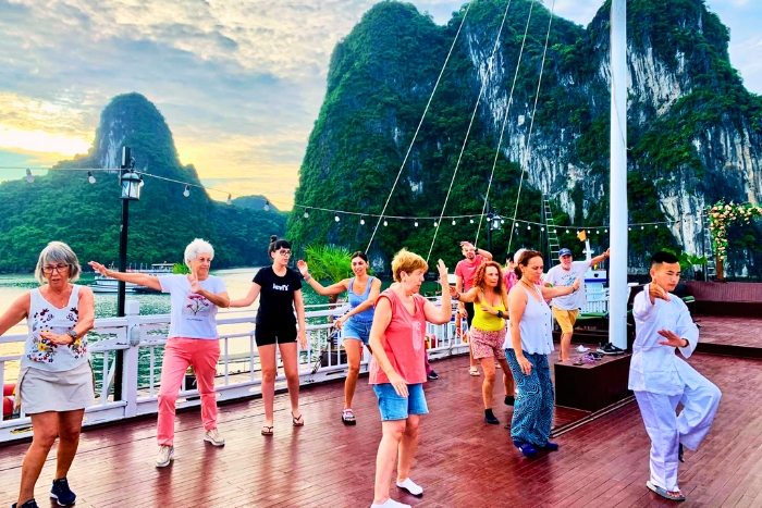 Halong Bay trip duration - morning Tai Chi on deck