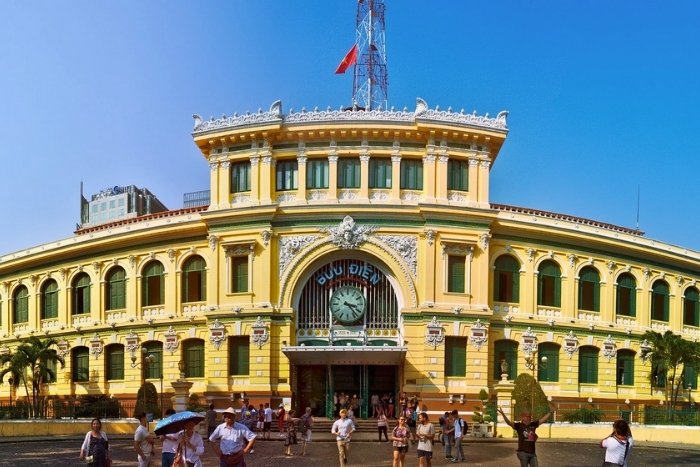 Saigon Central Post Office displays vibrant French colonial style