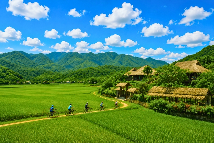 Cycling through the lush green rice fields of Mai Chau in summer