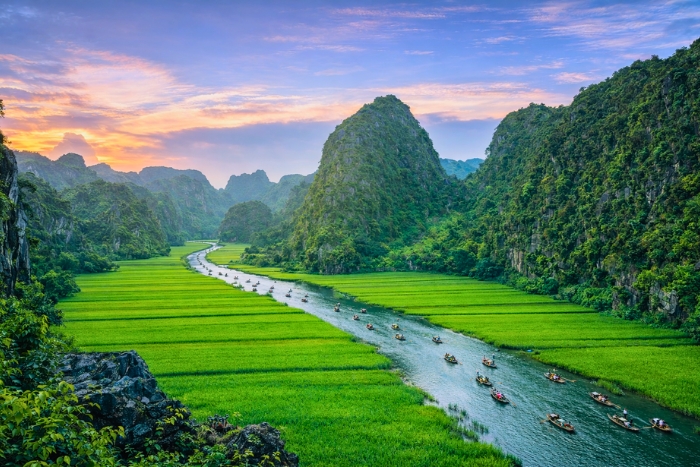 Relaxing view over the rice fields of Tam Coc in the heart of spring
