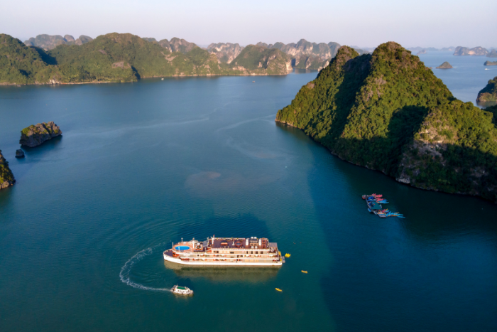 Taking in the breathtaking limestone formations and islands on a Ha Long Bay cruise